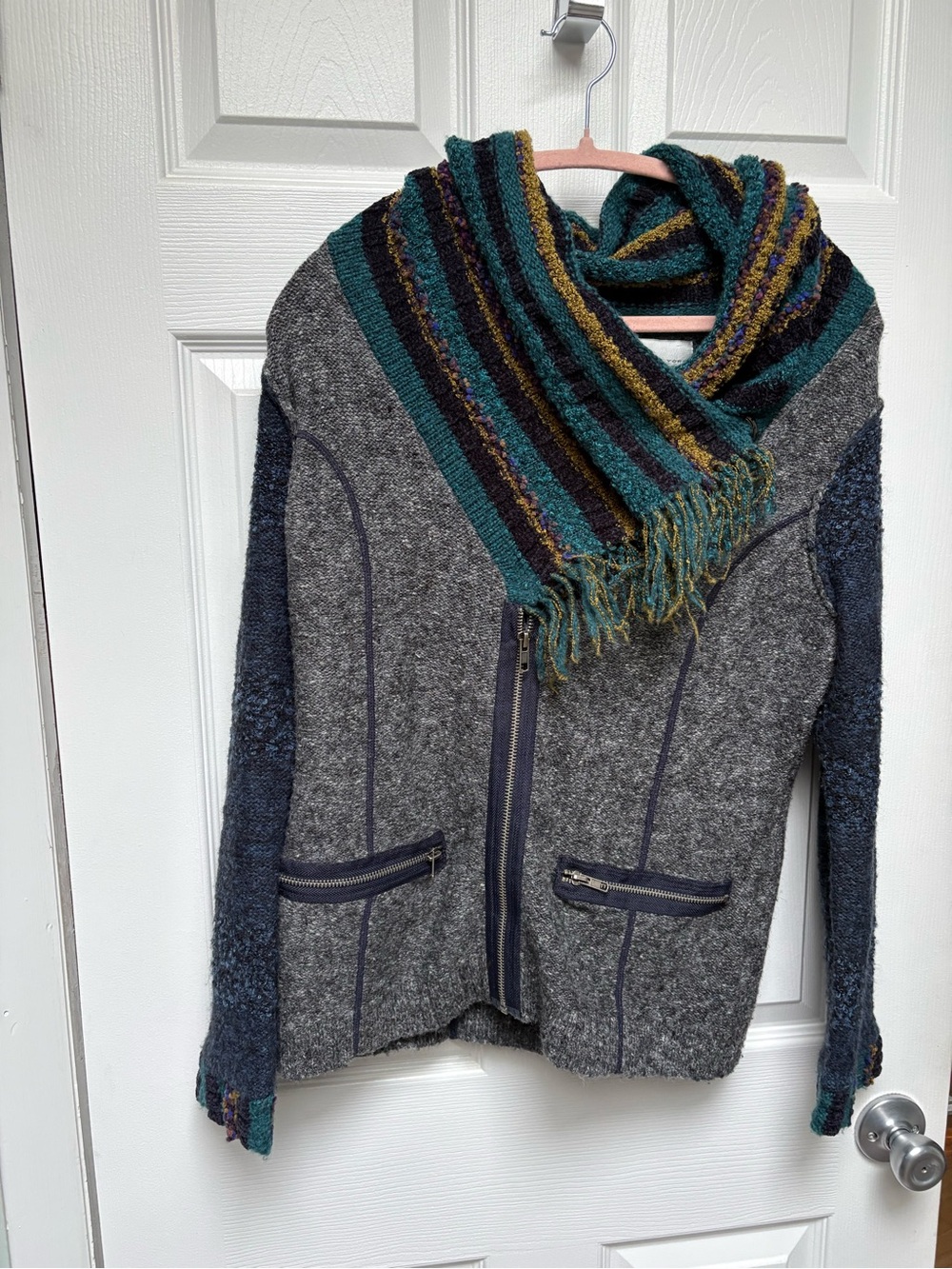 Anthropologie Gray Zip-Front Sweater Jacket with Teal & Mustard Striped Scarf